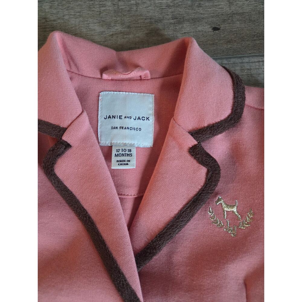 Janie and Jack Pink Peplum Blazer Jacket Gold Dog Crest 12-18 Months Equestrian - Picture 2 of 7